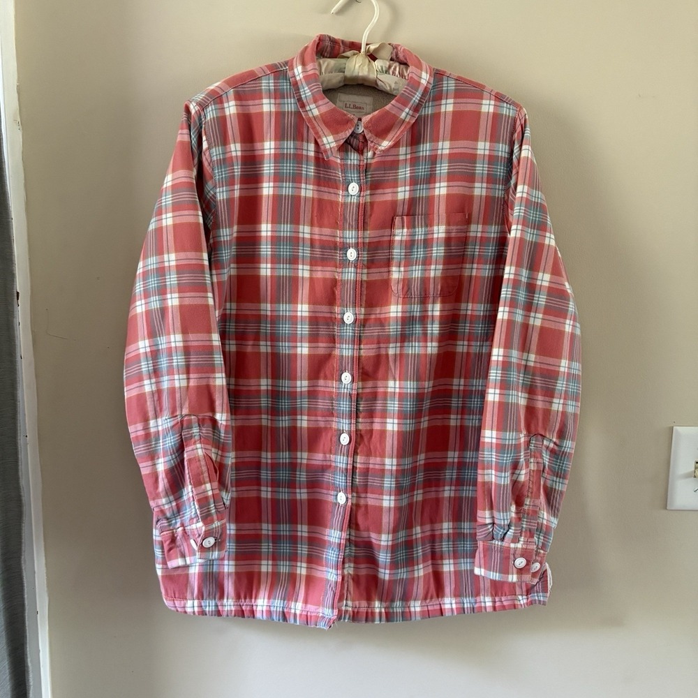 LL Bean Womens Medium Pink Blue White Cotton Faux Fur Lining Button Up